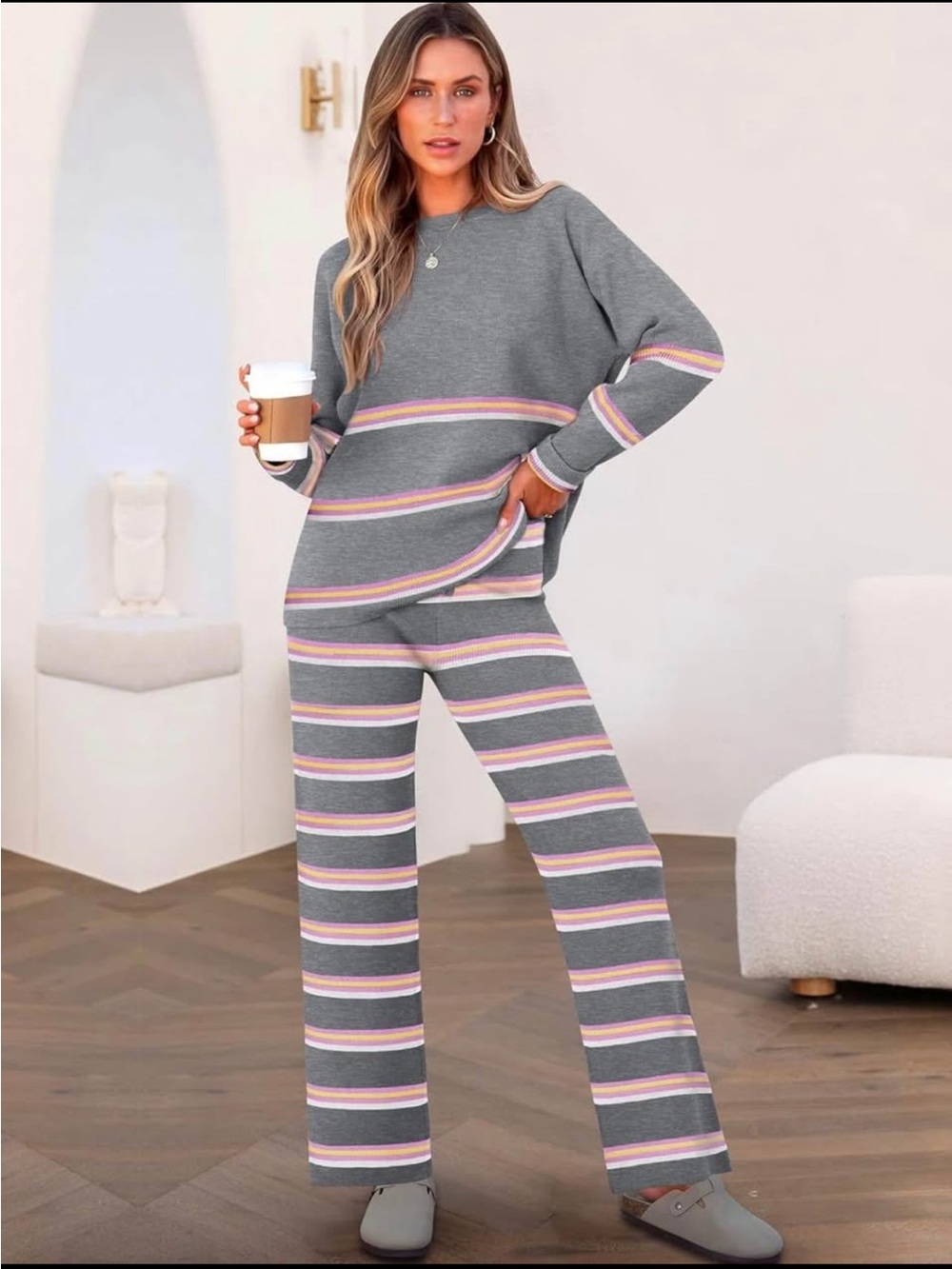 Cozy Grey Stripe Lounge Set - Long Sleeve Top & Wide Leg Pants